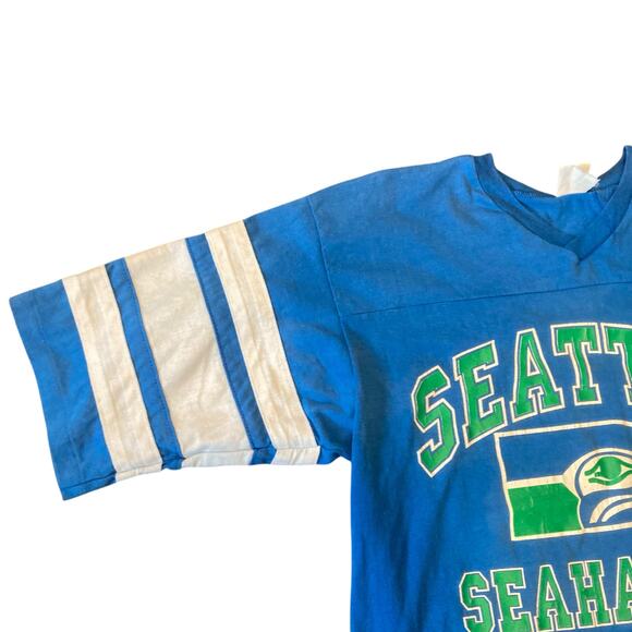 Vintage 80s Seattle Seahawks Blue White Single Stitch Logo T Shirt Size Large - Picture 12 of 16